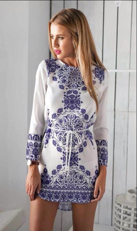 F2423 Blue Long Sleeve With Belt Vintage Print Dress